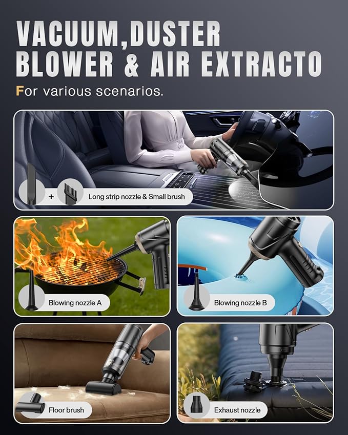 Handheld Car Vacuum Portable Cordless, 21000Pa High Power Handheld Vacuum with 2 Gear Adjustment - Brushless Motor，4 in 1 Air Duster and Vacuum Cleaner with LED Light，Dual Filters，for Home Car Office