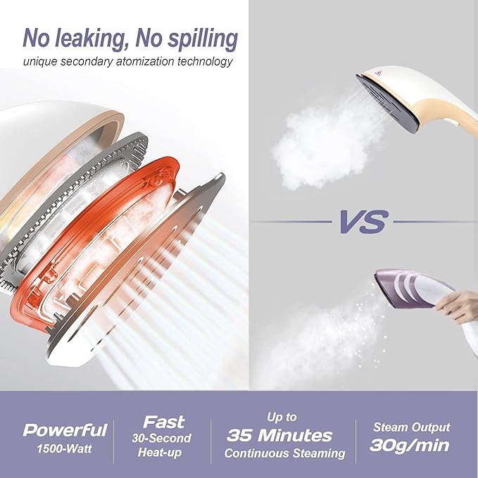 Handheld Steamer for Clothes, 1500W Extra Large Soleplate, 330ml Detachable Tank, 2-in-1 Horizontal & Vertical Use, Fabric Wrinkles Remover, No Water Leak and Auto-Off