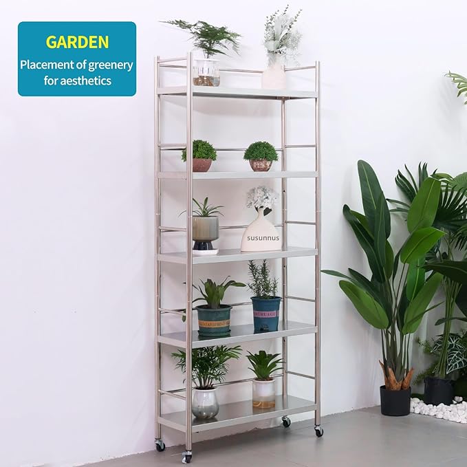 susunnus Stainless Steel Shelf,Shelves for Storage,Metal Shelf,Kitchen Garage Shelves, with Wheels,Rolling Shelves,Adjustable Height,Weight Capacity 350LB (27.6in*10.2in-4T with guardrails)