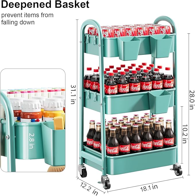 Green 3 Tier Rolling Cart Metal with Lockable Wheels, Three Tiered Craft Cart Organizer on Wheels, Utility Storage Carts for Art, Baby Supplies, Diaper Caddy, Snack, Pantry, Nail, Lash, Cleaning