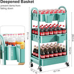 Green 3 Tier Rolling Cart Metal with Lockable Wheels, Three Tiered Craft Cart Organizer on Wheels, Utility Storage Carts for Art, Baby Supplies, Diaper Caddy, Snack, Pantry, Nail, Lash, Cleaning