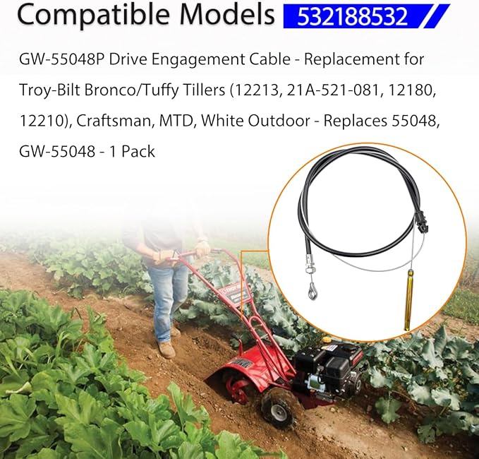 GW-55048P Forward Clutch Cable - Replacement for Troy-Bilt Bronco/Tuffy Tillers (12213, 21A-521-081, 12180, 12210), Cub Cadet, MTD, White Outdoor - Replaces 55048, GW-55048-1 Pack