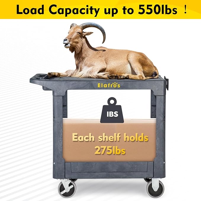 ELAFROS Heavy Duty Plastic Utility Cart Flat top 37 x 18.8 Inch - Work Cart Flat Shelves and 2 Swivel 2 Fixed Wheels Safely Holds up to 550 lbs - 2 Tier Service Cart Mail cart, Gray