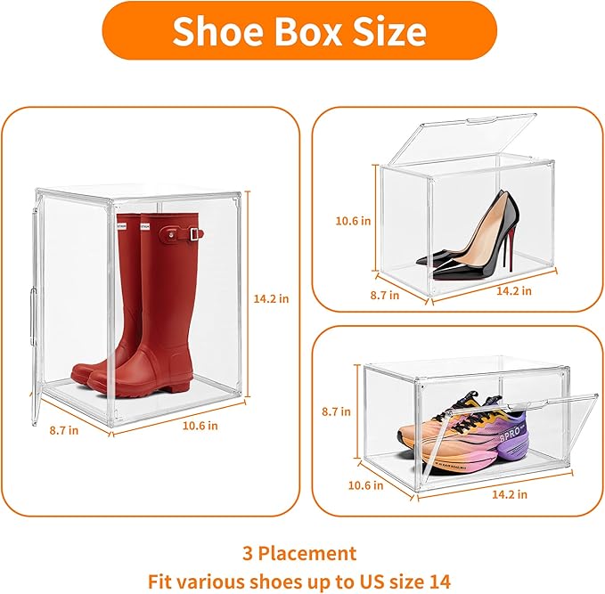 1 Pack Clear Acrylic Sneaker Shoe Display Case,Shoe Storage Boxes Stackable,Acrylic Boxes for Shoes Display with Lid,Boot Storage Organizer for Tall Boot,Purse Handbag Organizer for Closet