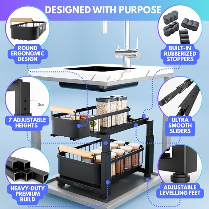 Premium Heavy Duty Carbon Steel Under Sink Organizer, 2 Tier Pull Out Cabinet Organizer, 7 Adjustable Heights with Smooth Ball Bearing Sliding Baskets for Bathroom & Kitchen