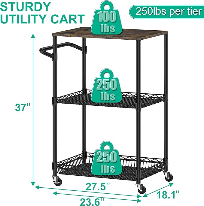 Rolling Kitchen Cart with Wheels, 3 Tier Metal Utility Cart with Wood Tabletop Heavy Duty Wire Rolling Kitchen Island Storage for Pantry Bar Microwave with Handle & Shelf Liners, Black
