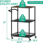 Rolling Kitchen Cart with Wheels, 3 Tier Metal Utility Cart with Wood Tabletop Heavy Duty Wire Rolling Kitchen Island Storage for Pantry Bar Microwave with Handle & Shelf Liners, Black