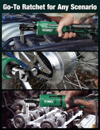 KIMO 20V Cordless Ratchet Wrench 3/8, 89Ft-lbs 400RPM Electric Ratchet Wrench Set with Variable Speed, 2x2.0Ah Battery Ratchet, LED Light, 7Socket, 3/8" to 1/4" Adapter, 3" Extension Bar, Fast Charger