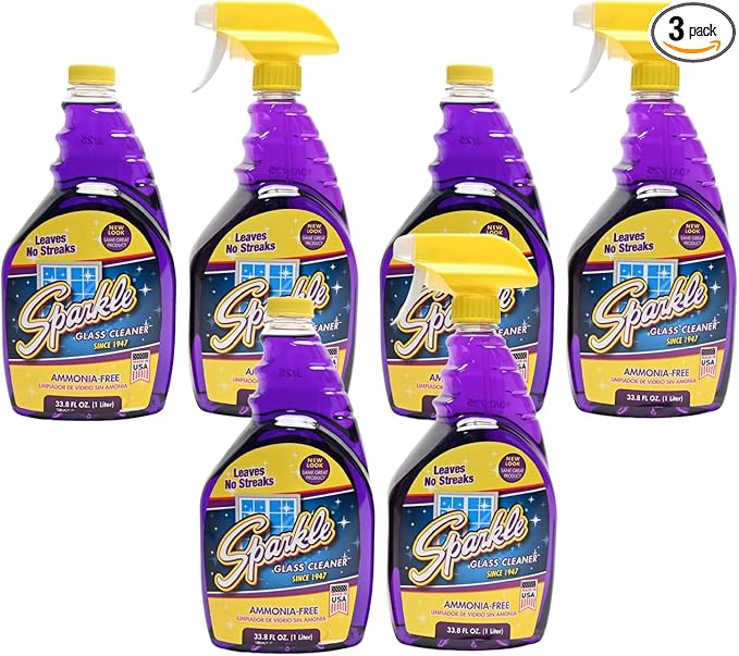 Sparkle Glass Cleaner 1 Spray Bottle 33.8 And 1 Refill 33.8, Ammonia-Free Original Formula Heavy Duty Glass Cleaner, Leaves No Streaks (67.6 Fl Oz,Pack of 3)