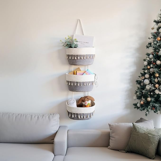 Hanging Baskets for Organizing,3-Tier Woven Cotton Wall-Mounted Storage Organizer Bag Decorative,Kitchen,Living Room,Bedroom,Nursery