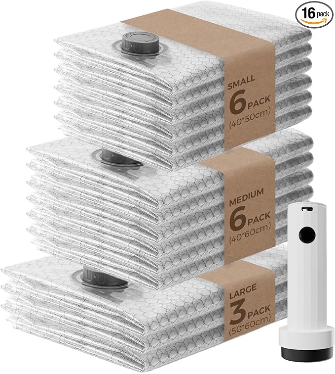 Vacuum Bags for Clothing with Rechargeable Air Pump, 15 Pack Vacuum Seal Bags for Travel, Space Saver Bags for Luggage and Suitcases, Compression Packing Bags in Multiple Travel Size