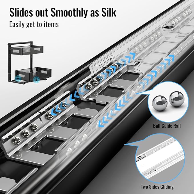 2-Tier Under Sink Organizer, Silk-Smooth Metal Sliding Drawer Organizers and Storage Rack, Pull Out Cabinet Shelf for Kitchen, Bathroom, Pantry, Cabinet, Closet