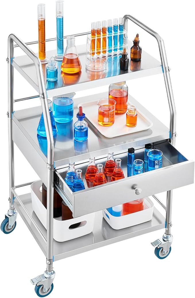 VEVOR Service Cart, 3 Layers Stainless Steel Utility Rolling Cart with Drawer, Lockable Wheels, Ideal for Laboratory, Hospital, Dental Use