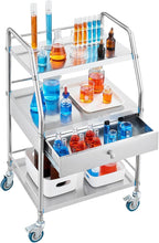 VEVOR Service Cart, 3 Layers Stainless Steel Utility Rolling Cart with Drawer, Lockable Wheels, Ideal for Laboratory, Hospital, Dental Use