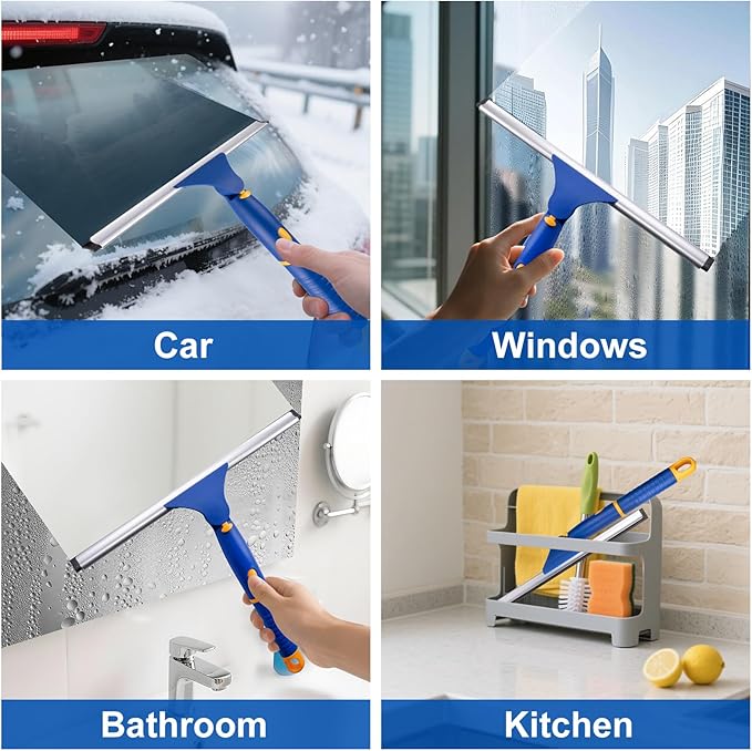 ITTAHO Shower Squeegee for Glass Doors, All-Purpose Anti-Slip Window Squeegee with 2 Blades, Window Cleaner Tool for Shower Doors, Windows, Bathroom and Car Windshields