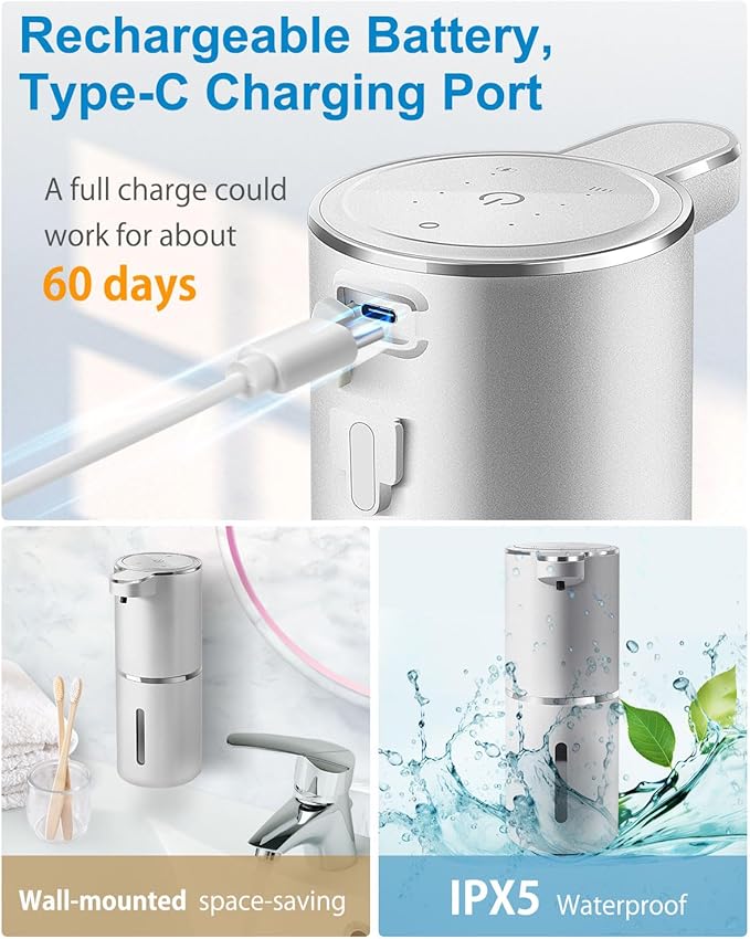 Automatic Foaming Soap Dispenser,4-Level Adjustable Foam, Wall Mount, USB Rechargeable,12.8oz/ 380ml,Touchless Hand & Dish Soap Dispenser for Bathroom, Kitchen,Hotel, Restaurant