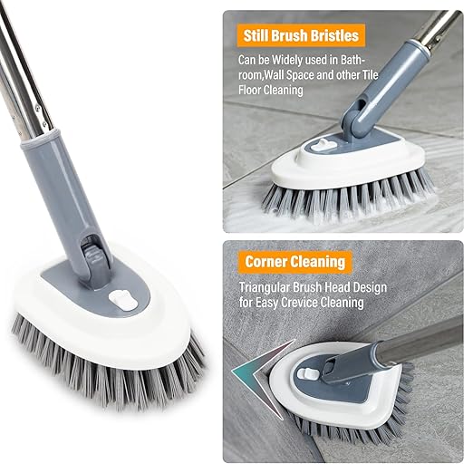 Long Handled Scrub Brush for Shower, 4 in 1 Tile Shower Cleaner Brush with Adjustable Long Handle Floor Scrub Brush for Cleaning Bathroom/Shower/Tub/Tile/Kitchen/Glass/Wall