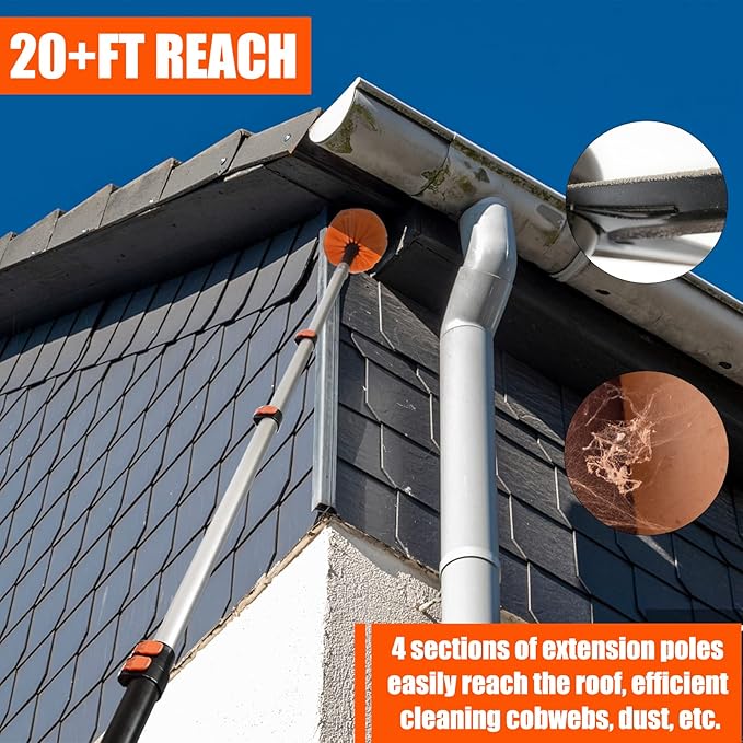 Buyplus 26FT Reach Cobweb Duster, Outdoor Spider Web Cleaner Brush with Professional 5-20FT Extension Pole, Non-Shedding Fluffy Bristles, Suitable for Ceiling and Corner Dusters for Indoor and Outdoor