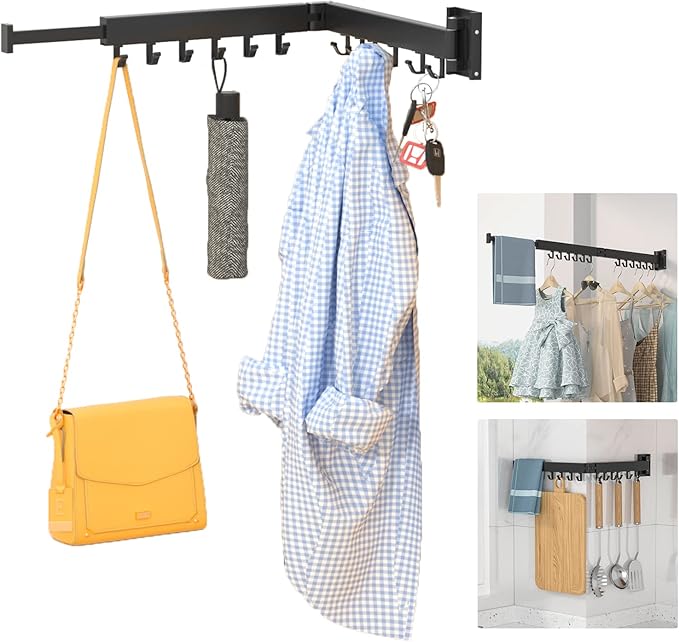 BESTHLS Wall Mounted Portable Clothes Drying Rack with Space Saver Clothes Hangers Design Universal for Balcony Mudroom Bedroom Kitchen Foldable Laundry Rack (2-Pole Black)