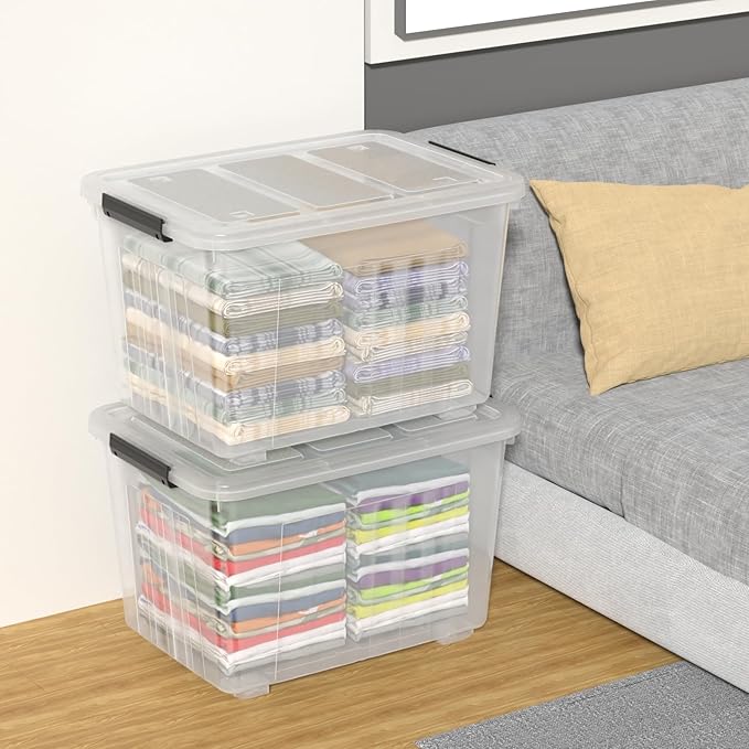 Farmoon 70 Quart Clear Storage Bin with Wheels, Large Plastic Lidded Container Box, 4 Packs