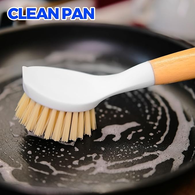 Holikme 3 Pack Dish Brush Set with Bamboo Handle, Kitchen Cleaner for Cleaning Pot, Pan, Sink and Stove, Scrubber with Medium Bristles, Yellow