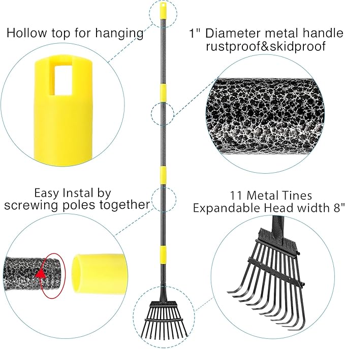 Oliynedy Leaf Rake for Gardening, Adjustable Metal Garden Rake for Leaves Long Handle 30-70", 11 Tines 9" Wide Small Lawn Collapsible Yard Adult Kids Rake for Camping Flower Beds Mulch Shrub