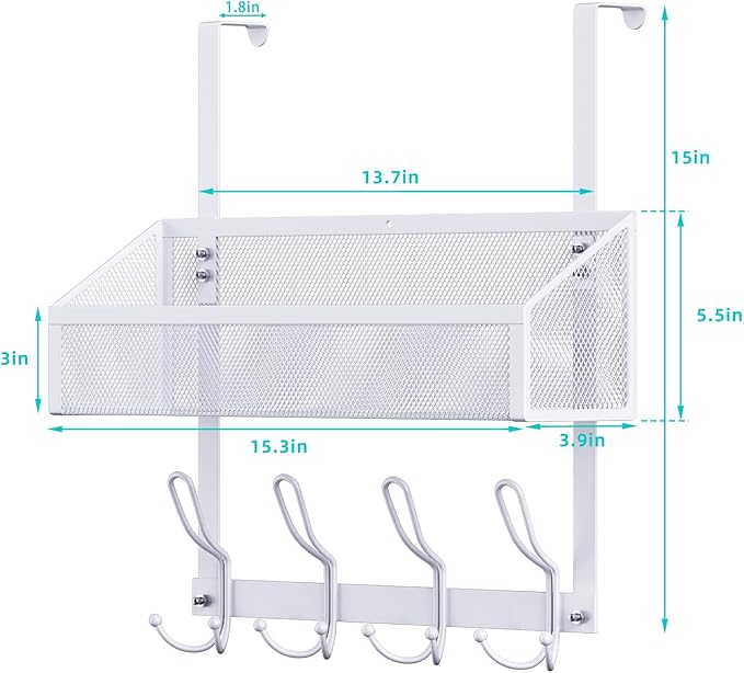 Over Door Hook Organizer, 12 Hook Over The Door Organizer with Mesh Basket - Back of Door Storage Towel Rack Space Saving Storage Organizer for Bedroom, Bathroom, Kitchen, Pantry, White