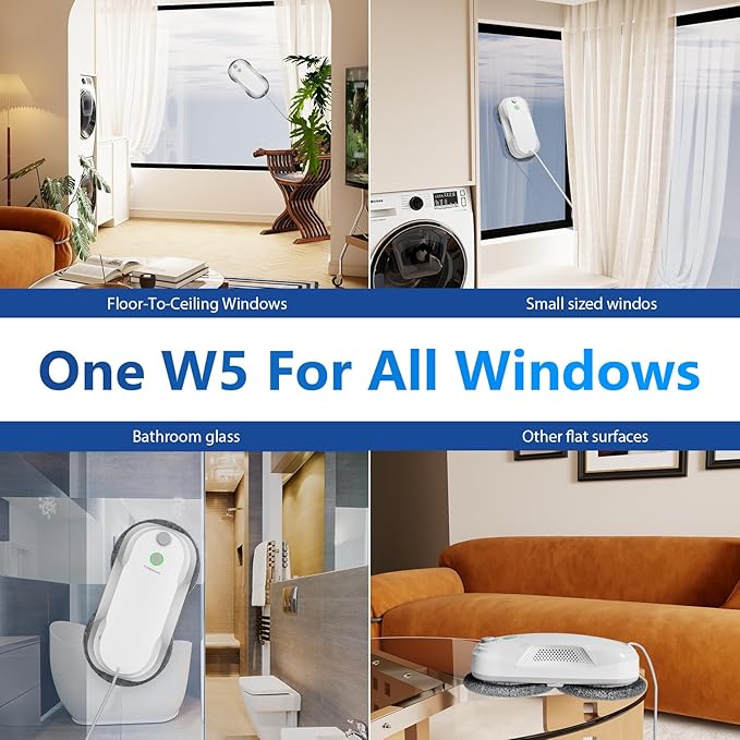 Tosima W5 Window Cleaning Robot, Dual Direction Auto-Spray Smart Window Cleaner with Triple Safety System, Smart Navigation, Remote Control, for All Smooth Surfaces, with 8 Rags, White