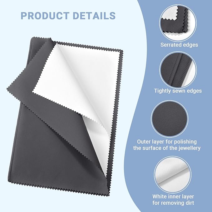 SEVENWELL 2pcs Jewelry Polishing Cleaning Cloth Large 10'' x 12'' for Sterling Silver Jewelry Gold, Diamond, Platinum, Precious Stones, Coins (Gray)