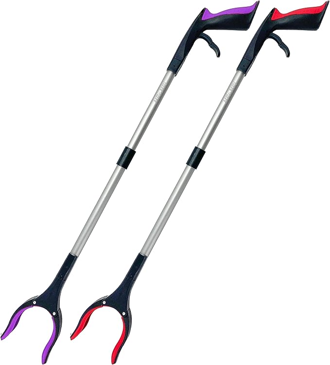 2-Pack Reacher Grabber Tool, Foldable Trash Picker Grabber, Trash Gripper, Garden Nabber, Litter Picker, Extended Grabber（Red/Purpl)
