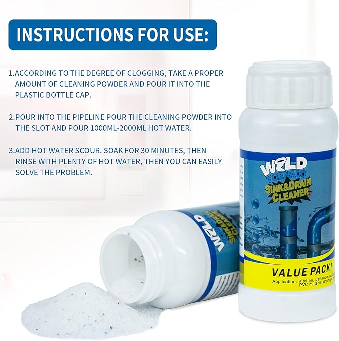 Wild Tornado Pipe Dredge,Powerful Sink Cleaner Powder Fast Foaming for Kitchen Toilet Pipeline Quick Cleaning Tool（2pcs）