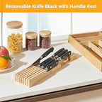 Small-Bamboo-Silverware-Drawer-Organizer, Expandable Utensil Kitchen Cutlery Tray Flatware Organization Adjustable Wood Tableware Dividers Storage (with Removable Knife Block)(Natural)
