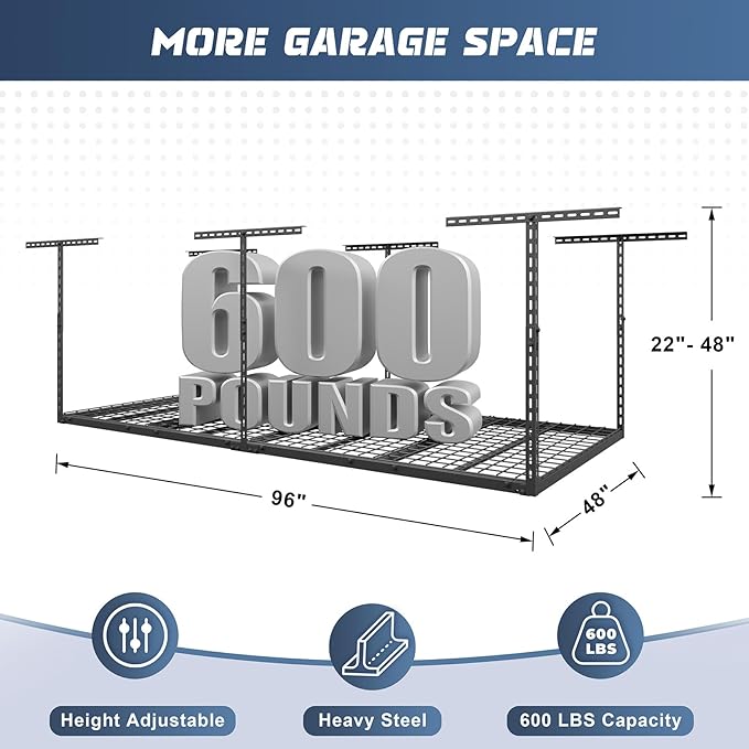 4X8FT Overhead Garage Storage Rack, 22"-48" Height Adjustable Garage Ceiling Storage Racks, Heavy Duty Metal Overhead Storage Organizer System, 600LBS Weight Capacity