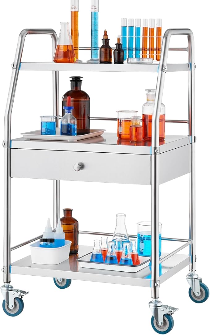 VEVOR Service Cart, 3 Layers Stainless Steel Utility Rolling Cart with Drawer, Lockable Wheels, Ideal for Laboratory, Hospital, Dental Use