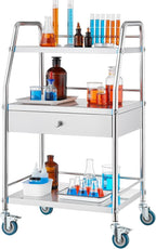 VEVOR Service Cart, 3 Layers Stainless Steel Utility Rolling Cart with Drawer, Lockable Wheels, Ideal for Laboratory, Hospital, Dental Use