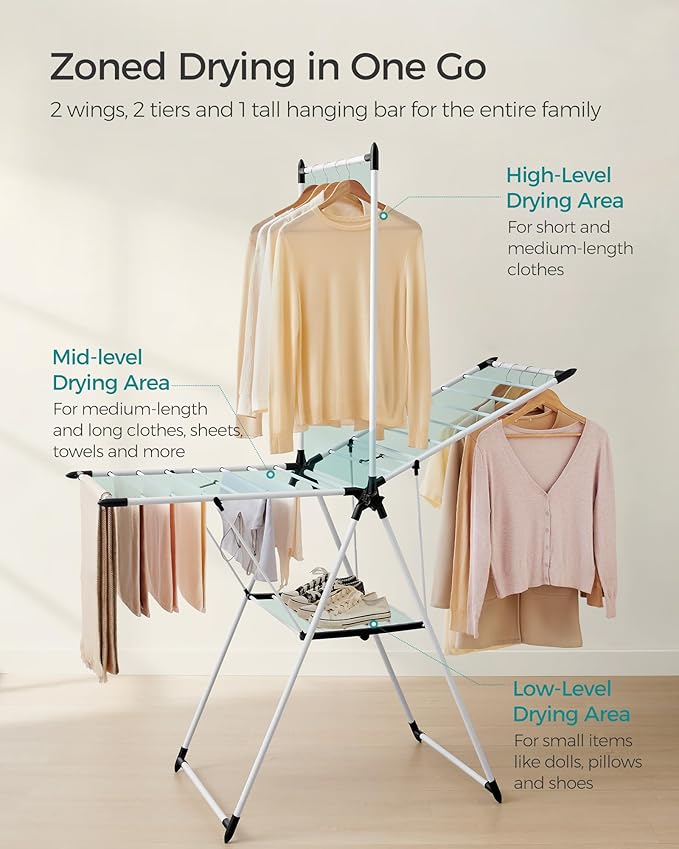 SONGMICS Clothes Drying Rack, Foldable 2-Level Laundry Drying Rack, Free-Standing Airer, 1 Additional Tall Hanging Bar, 2 Height-Adjustable Wings, 24 Drying Rails, Space Savng, Simply White ULLR521W01