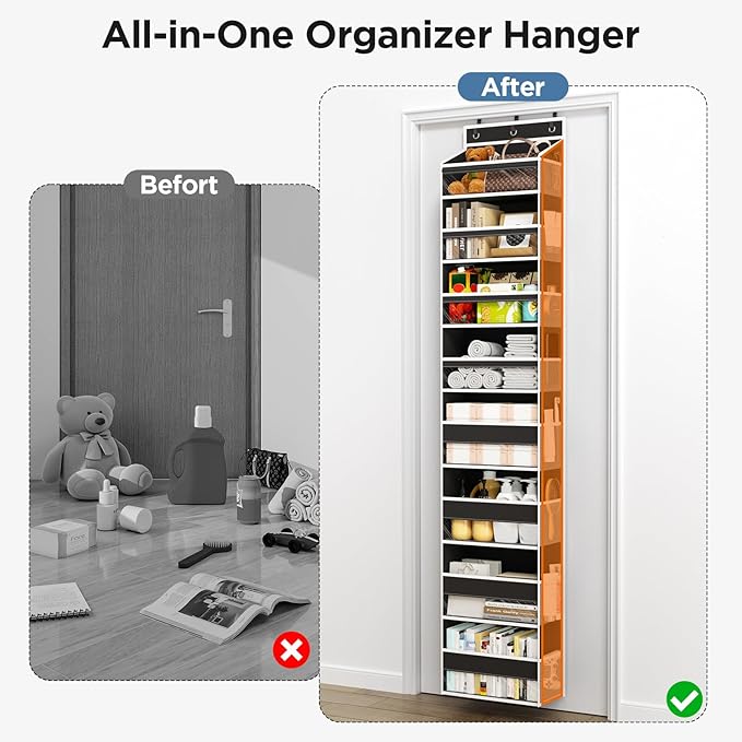 Over The Door Organizer, 8 Shelf Door Hanging Organizers with 8 Large Capacity Pockets, Back of Door Organizer Storage Hanging Shelves for Closet Bathroom Bedroom Nursery