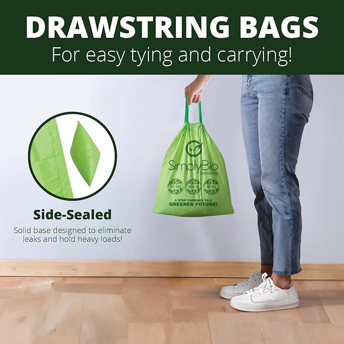 3 Gallon Compostable Trash Bags Liners Drawstring, Heavy Duty Extra Thick 1 Mil, 11.36 Liter, 50 Bags, Small Kitchen Food Scrap Waste Bag, ASTM D6400, US BPI and OK Compost Home Certified