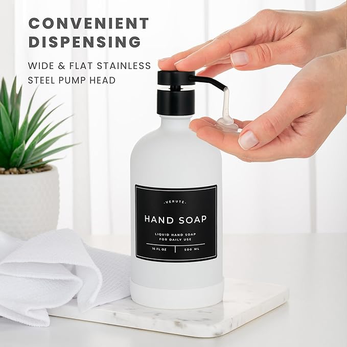 16oz Glass Soap Dispenser with Stainless Steel Pump, 21 Waterproof Labels, Non-Slip Protective Silicone Pad, Set of 2 for Bathroom & Kitchen (Matte White Bottle/Black Pump)