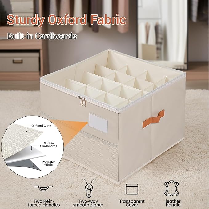 Shoe Organizer for Closet, Foldable Shoe Storage Organizer Containers with Clear Cover, Space Saving Shoes Holder with Handles, Beige (2, L)