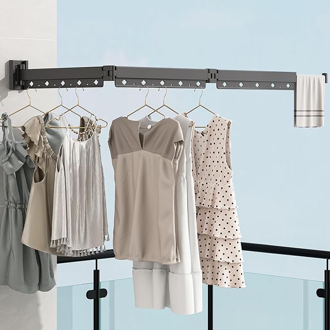 Clothes Drying Rack, Laundry Drying Rack Wall Mount for Bathroom, Retractable and Foldable Clothes Rack for Indoor, Space Saver for Laundry Room, Balcony, Closet, Bedroom(3-Fold), Black