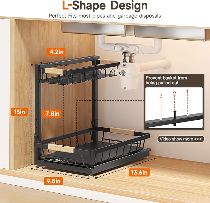 2 Packs Under Sink Organizer, High Adjustable 2 Tier Under Kitchen sink organizer, Multi-Purpose Storage Shelf for Kitchen Bathroom Cabinet (Black)