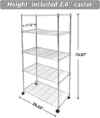 YSSOA Heavy Duty 5-Shelf Storage Shelves, 1750Lb Loading Capacity, 35.43" W x 17.72" D x 70.87" H Adjustable Shelving Unit with Wheels, Chrome, 2 Pack