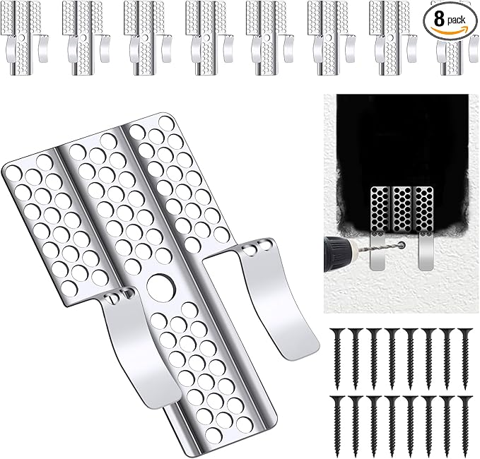 Drywall Repair Clips, 8 Pack Stainless Steel Wall Patch Kit with 16 Screws for 1/2 Inch Sheetrock, Professional Drywall Hole Repair Solution for DIY Home Repair