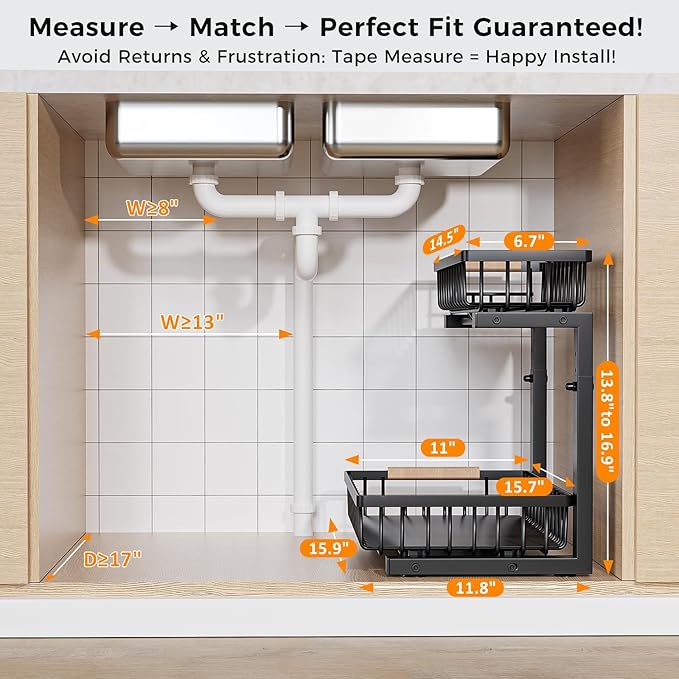 Under Sink Organizer,2 Pack 2 Tier Under Sink Organizers and Storage,Slide Out Pull Out Cabinet Organizer Shelf,Metal Sliding Drawer for Kitchen Bathroom Pantry Cabinet Closet Organization Rack Black
