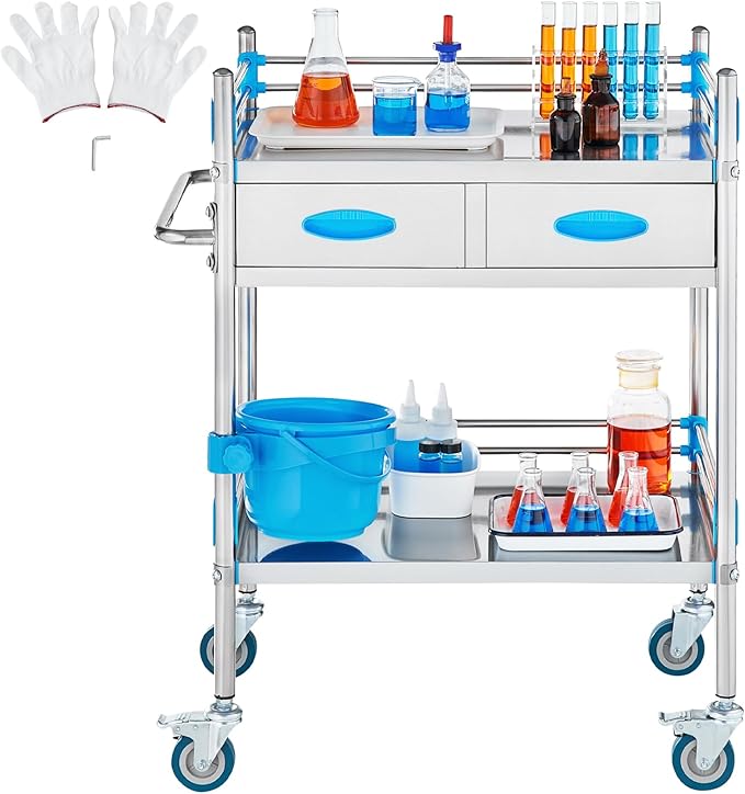 VEVOR Stainless Steel Utility Cart, 2 Layers with Two Lockable Wheels, Ideal for Laboratory, Hospital, Dental Use