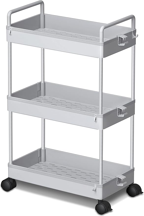 Ronlap 3 Tier Slim Rolling Storage Cart with Wheels Plastic Utility Cart Organizer for Snack Craft Art Postpartum Baby Diaper Nail Makeup in Bathroom Laundry Room Kitchen Bedside Narrow Space, Grey