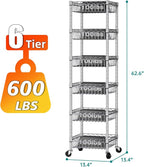 SINGAYE 6 Tier Shelf Adjustable Storage Shelves Rack Standing Units with Wheels Closet Wire Shelving Organizers Metal Pantry Kitchen Laundry Room 13.5" D x 13.5" W x 63" H Silver