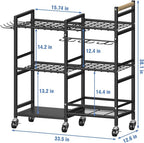 NADAMOO Garden Tool Organizer with Rolling Wheel, 3-tier Metal Shelf Yard Tool Holder, Utility Stand Rack for Garage Organization and Storage, Hold Long-Handled Rakes, Shovel, Broom