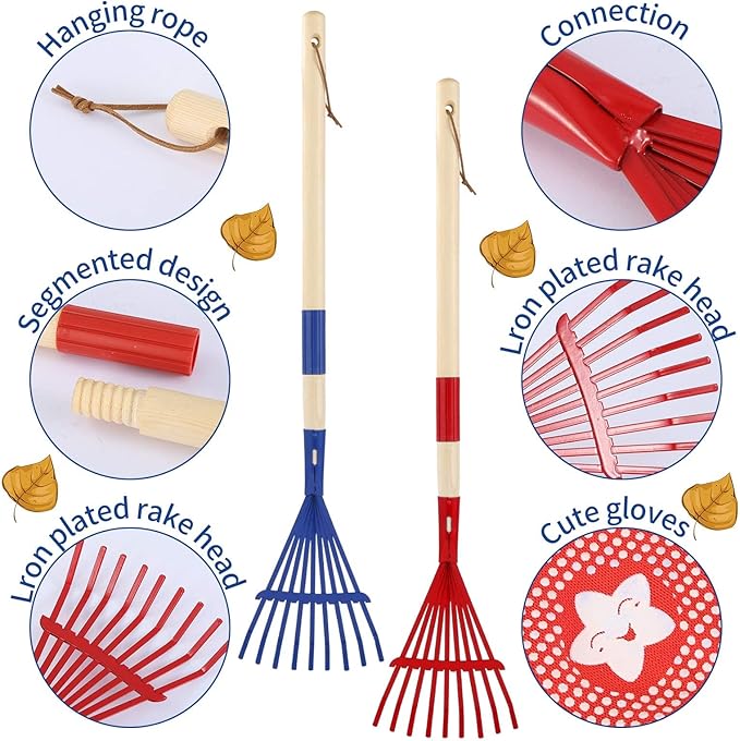 2PCS Garden Tool Rakes with Hardwood Handle, Garden Lawn Rake Leaves Lightweight Cute Rakes with Heads for Fall Garden Tools Gifts